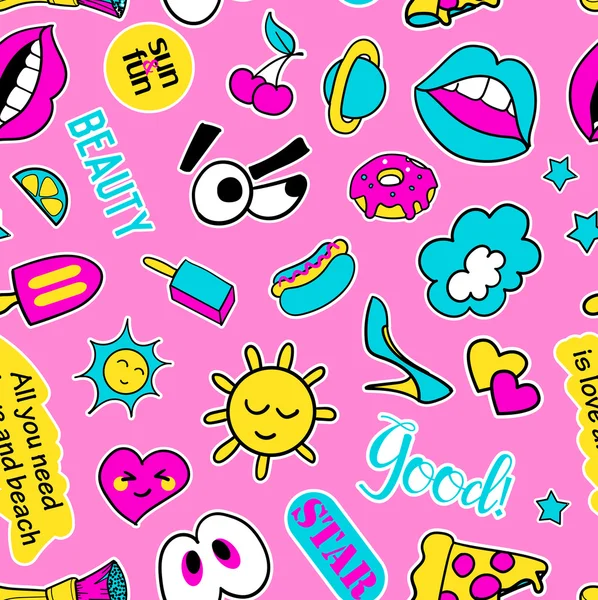 Padrão sem costura com emblemas de moda. Pop art. Vector adesivos de fundo, pinos, patches em desenhos animados estilo cômico dos anos 80-90. Tendência. Lábios, olhos, corações, sol, sorvete, pizza . — Vetor de Stock