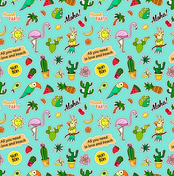 Seamless pattern with fashion patch badges. Pop art. Vector background stickers, pins, patches in cartoon 80s-90s comic style. Trend. Tropical fruits, parrots, cactuses, leaves. — Stock Vector