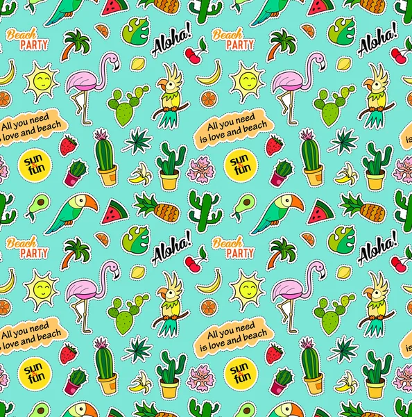 Patrón sin costuras con insignias de parche de moda. Arte pop. Pegatinas de fondo vectorial, alfileres, parches en estilo cómico de dibujos animados de los años 80-90. Tendencia. Frutas tropicales, loros, cactus, hojas . — Vector de stock