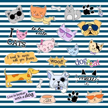 Fashion patch badges. Cats and dogs set. Stickers, pins, patches handwritten notes collection in cartoon 80s-90s comic style. Trend. Vector illustration isolated. clipart