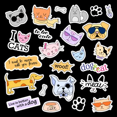 Fashion patch badges. Cats and dogs set. Stickers, pins, patches handwritten notes collection in cartoon 80s-90s comic style. Trend. Vector illustration isolated. clipart