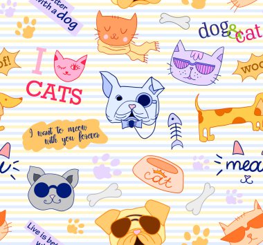 Kediler ve köpekler ile Seamless modeli. Funy, güzel, şirin. Vektör.