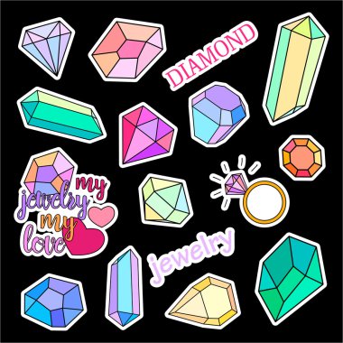Fashion patch badges. Diamonds and jewelry set. Stickers, pins, patches handwritten notes collection in cartoon 80s-90s comic style. Trend. Vector illustration isolated. clipart