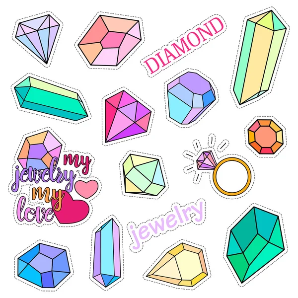 Placas de parche de moda. Juego de diamantes y joyas. Pegatinas, alfileres, parches colección de notas manuscritas en caricatura estilo cómico de los años 80-90. Tendencia. Ilustración vectorial aislada . — Vector de stock