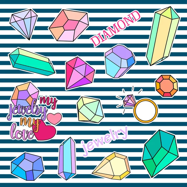 Placas de parche de moda. Juego de diamantes y joyas. Pegatinas, alfileres, parches colección de notas manuscritas en caricatura estilo cómico de los años 80-90. Tendencia. Ilustración vectorial aislada . — Vector de stock