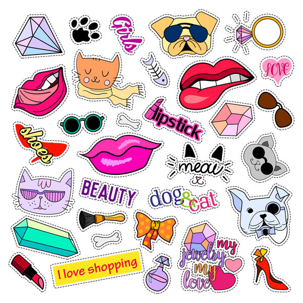 Fashion patch badges. Cats and dogs set. Stickers, pins, patches handwritten notes collection in cartoon 80s-90s comic style. Trend. Vector illustration isolated.