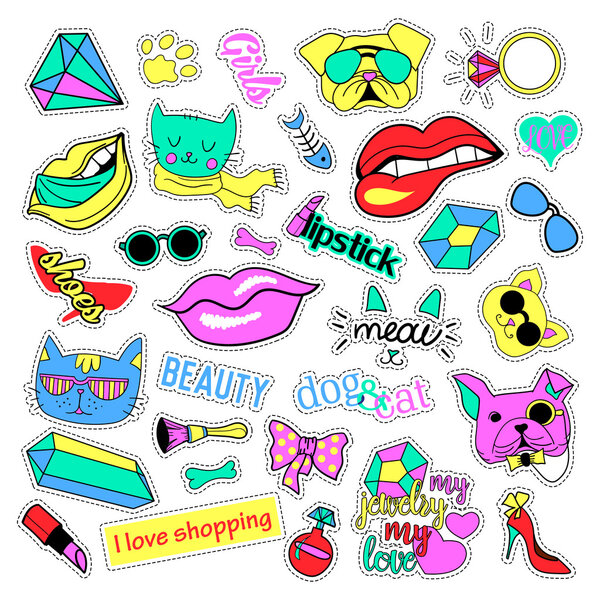 Fashion patch badges. Cats and dogs set. Stickers, pins, patches handwritten notes collection in cartoon 80s-90s comic style. Trend. Vector illustration isolated.