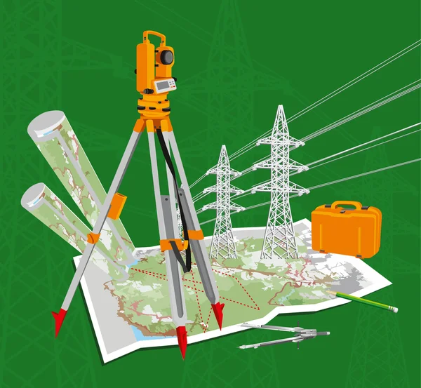 Theodolite, maps, compasses, pencil, power lines. — Stock Vector