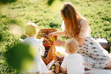 Yazın çocuklarla birlikte yeşil bir çayırda piknik yapan anne..