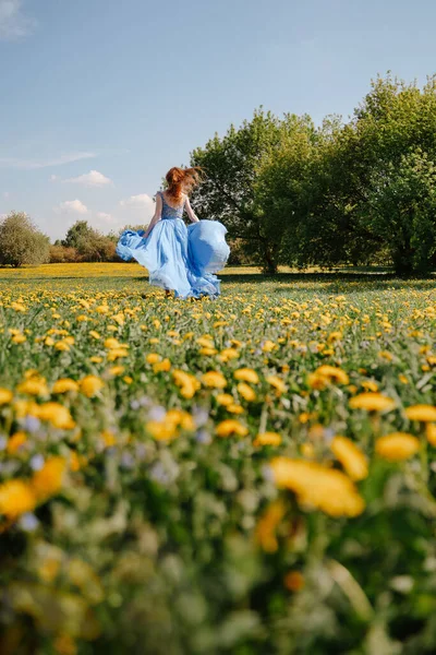 한 동화 속 소녀 가 풀밭에 꽃이 피어 있는 들판을 가로 지릅니다. 스톡 사진
