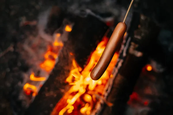 Piknik w lesie z ogniem i kiełbasą — Zdjęcie stockowe