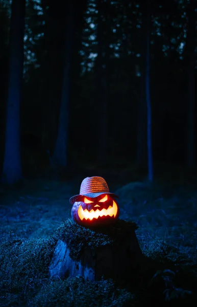 Töklámpa ég a sötét erdőben a Halloween ünnep. — Stock Fotó