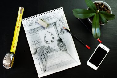 İç kroki. Düz iç mimar ve mimar çalışma alanı smartphone ile yatıyordu. Flatlay görünüm.