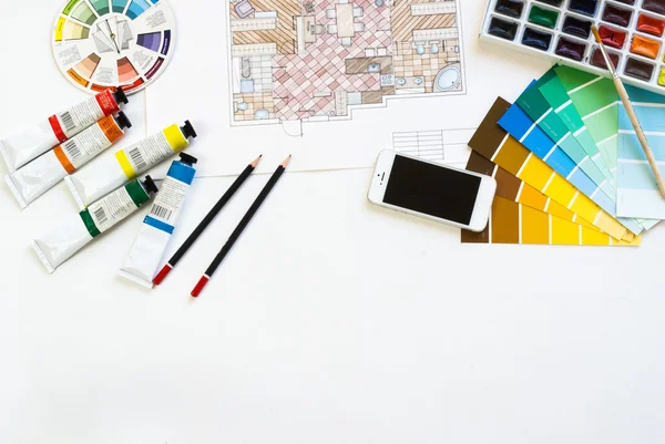 Flat lay of Interior designer and architect working space. Flatlay view, negative space, room for text — Stock Photo, Image