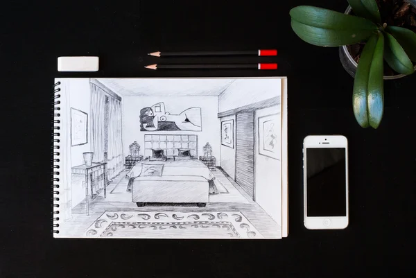 İç kroki. Düz iç mimar ve mimar çalışma alanı smartphone ile yatıyordu. Flatlay görünüm.