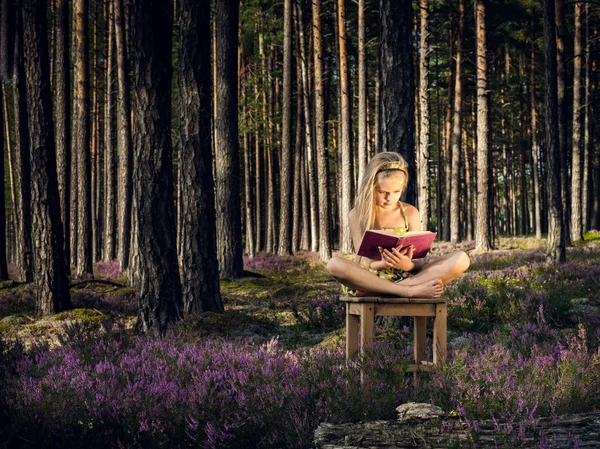 Beautiful blond girl sitting on a chair and reading book in the forest. — Stock Photo, Image