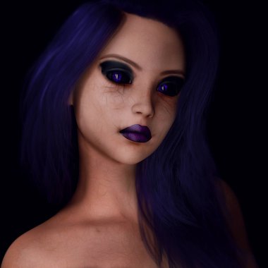 Cadılar Bayramı güzel vampir kadın, cazibeli moda cadısı, kötü kadın, 3 boyutlu canlandırma.