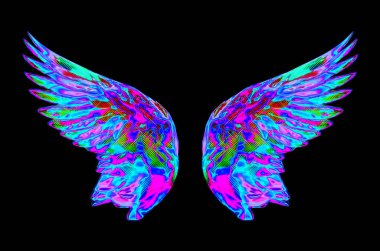 Renkli Soyut Neon Melek Kanatları Kara Arkaplanda İzole Edildi