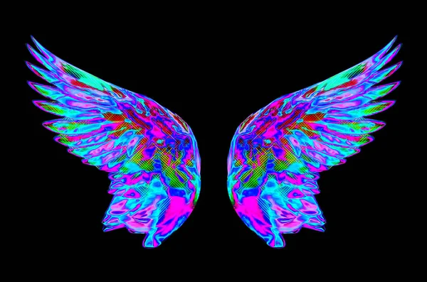 Colorido Abstrato Neon Angel Asas Isoladas Fundo Preto — Fotografia de Stock