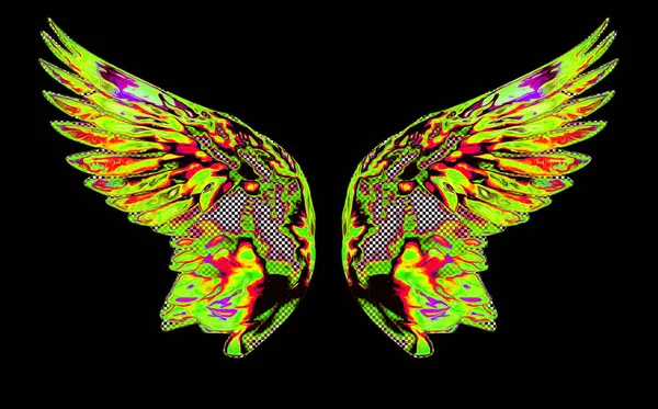 Kleurrijk Abstract Neon Angel Wings Geïsoleerd Zwarte Achtergrond — Stockfoto