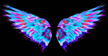 Renkli Soyut Neon Melek Kanatları Kara Arkaplanda İzole Edildi