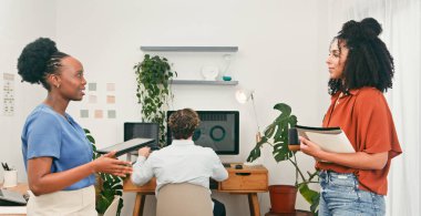 İki kadın ayakta dikilip sohbet ederken bir iş arkadaşı, bitkilerle dolu parlak bir ofiste bilgisayarın başında çalışıyor. Sıcak ve işbirlikçi bir atmosfer takım çalışmasını ve yaratıcılığı vurgular..