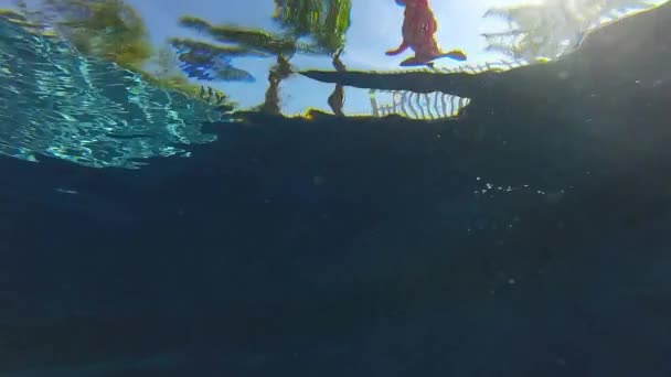 Young girl jumping in to the pool — Stock Video