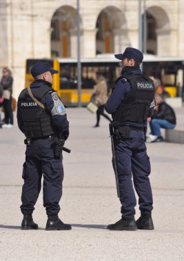 Polis görev Praça dos Comercio Lizbon Portekiz.