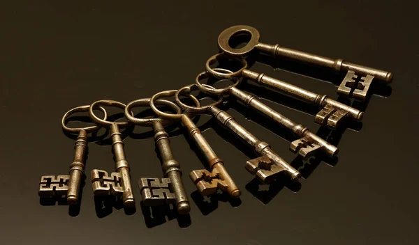Οκτώ Αντικέ Κλειδιά Μαύρο Φόντο — Φωτογραφία Αρχείου