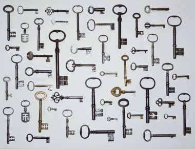 Bir koleksiyonu, 50 antika tuşlar beyaz arka plan