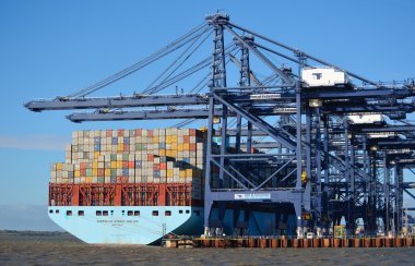 Konteyner gemisi Felixstowe kaldırılıyor suffolk İngiltere Dock cihazları.