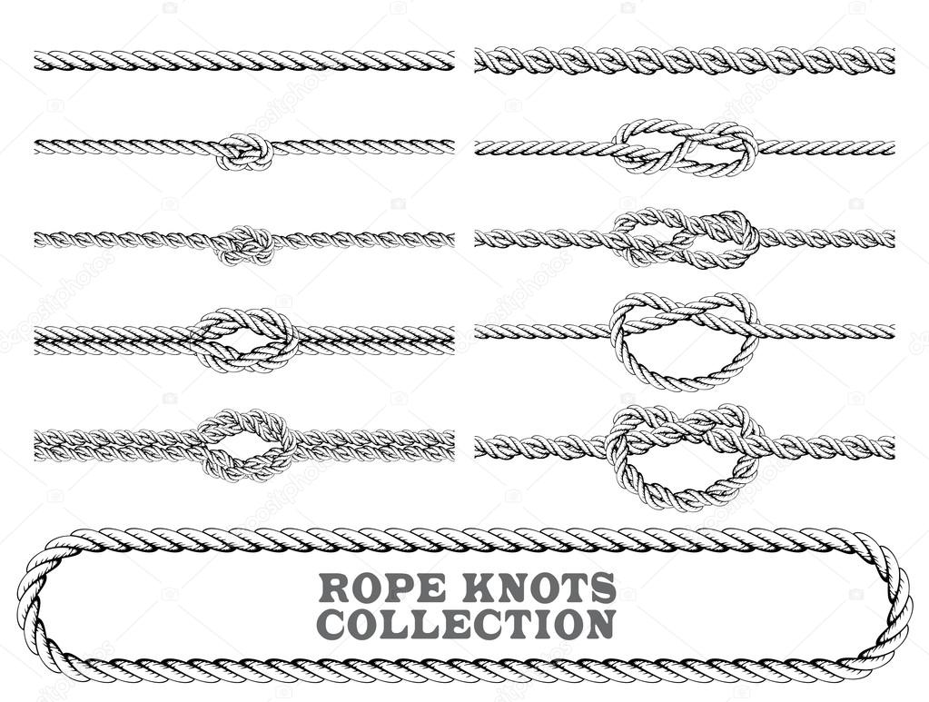 Rope knots collection. Overhand, Figure of eight and square knot. Seamless decorative elements. Vector illustration.