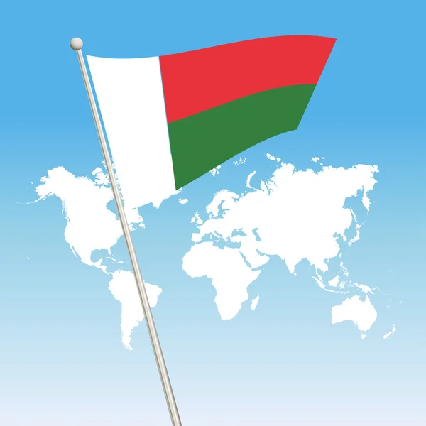 Ondeando la bandera de Madagascar sujetar en un asta de la bandera — Archivo Imágenes Vectoriales