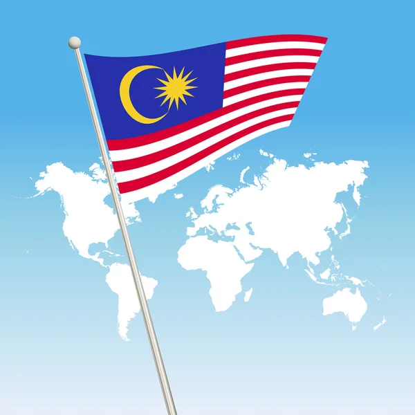 挥舞着马来西亚国旗系在旗杆上 — 图库矢量图片