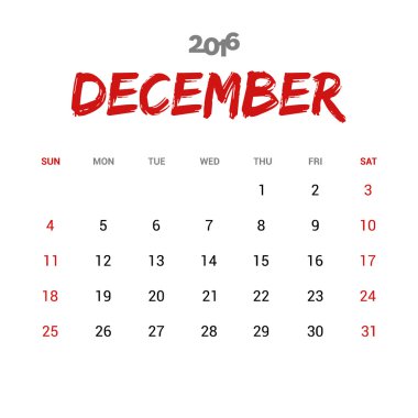 Aralık Takvim 2016 şablonu