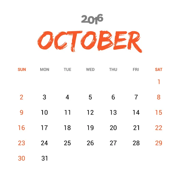 Calendario Ottobre 2016 Template — Vettoriale Stock