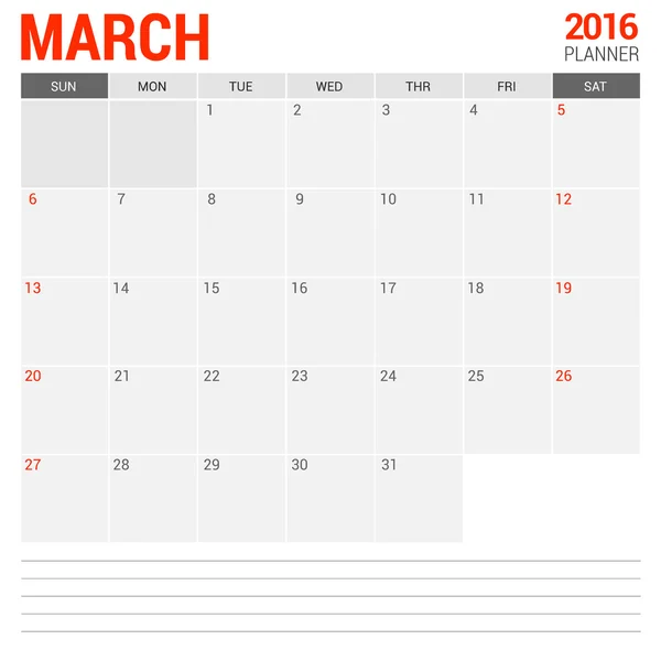 Calendario de marzo 2016 Planificador — Archivo Imágenes Vectoriales