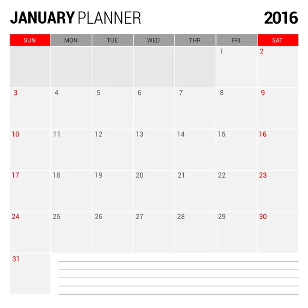 Janeiro 2016 Business Planner —  Vetores de Stock