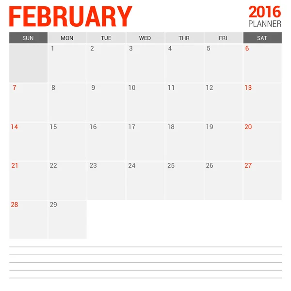 Februar Kalenderplaner 2016 — Stockvektor