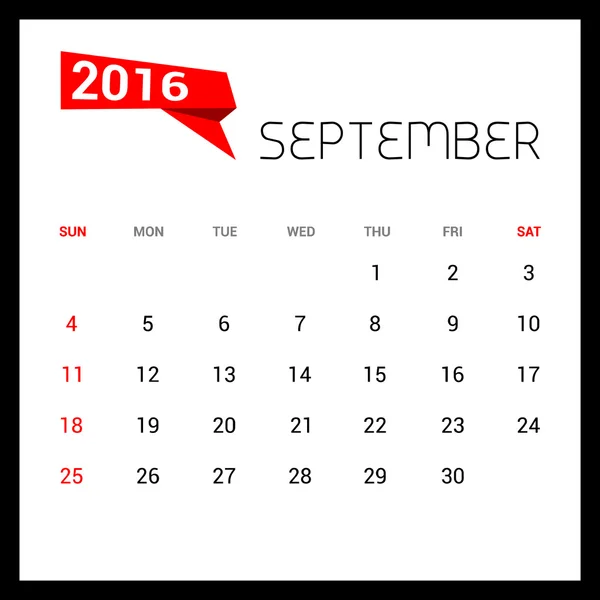 Septembre Calendrier 2016 — Image vectorielle