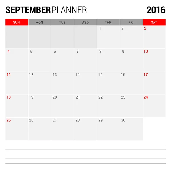 September 2016 Wirtschaftsplaner — Stockvektor