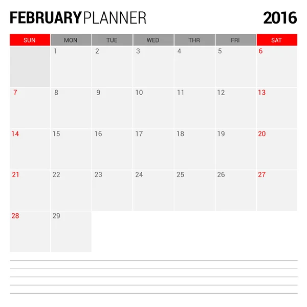 Fevereiro 2016 Business Planner —  Vetores de Stock