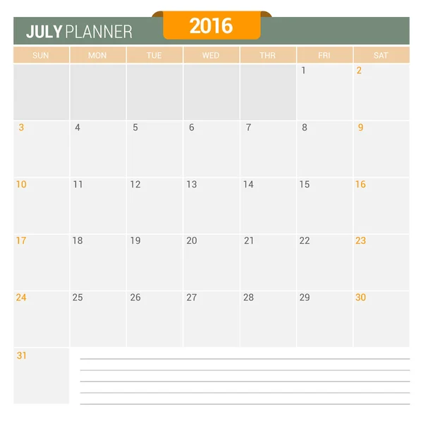 Planejador do calendário de julho 2016 —  Vetores de Stock