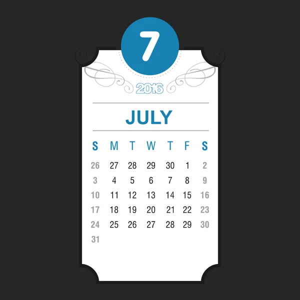 Calendario de julio 2016 Plantilla — Archivo Imágenes Vectoriales