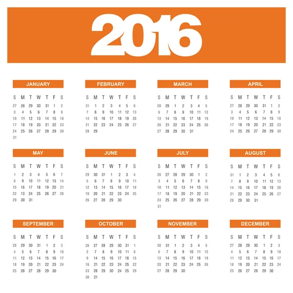 2016 anno modello di calendario — Vettoriale Stock