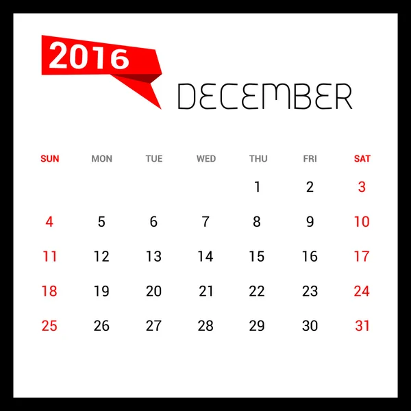 Diciembre Calendario 2016 — Archivo Imágenes Vectoriales