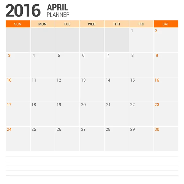 Abril 2016 Business Planner —  Vetores de Stock