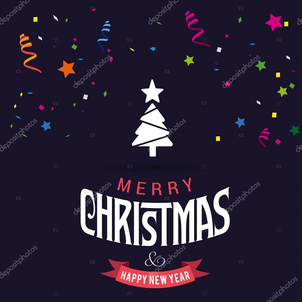 Merry Christmas card, stylized Christmas tree on decorative background. Design elements for holiday cards. Xmas decorated tree icon. vector Greeting Card illustration. Christmas Confetti Background