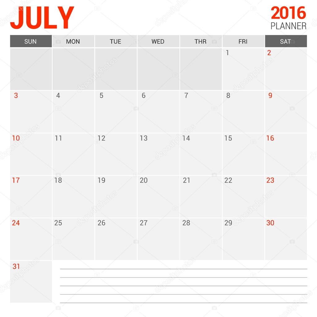 7 月カレンダー プランナー 2016 ストックベクター C Ibrandify