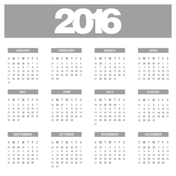 Plantilla de calendario de año 2016 — Vector de stock